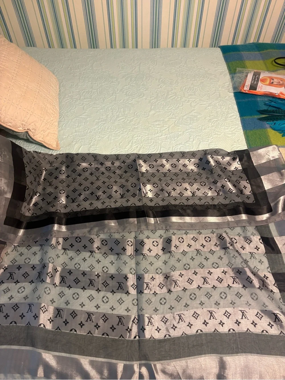 Louis Vuitton Gray and Black Monogram Silk Scarf